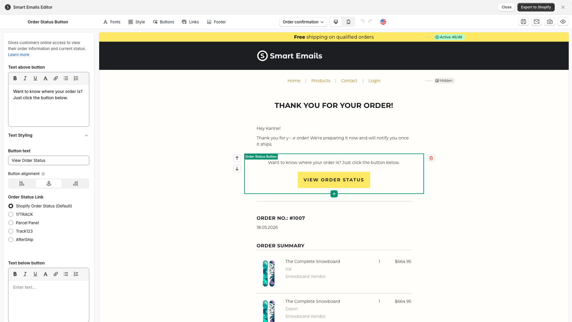 Smart Emails editor — visual email design for Shopify